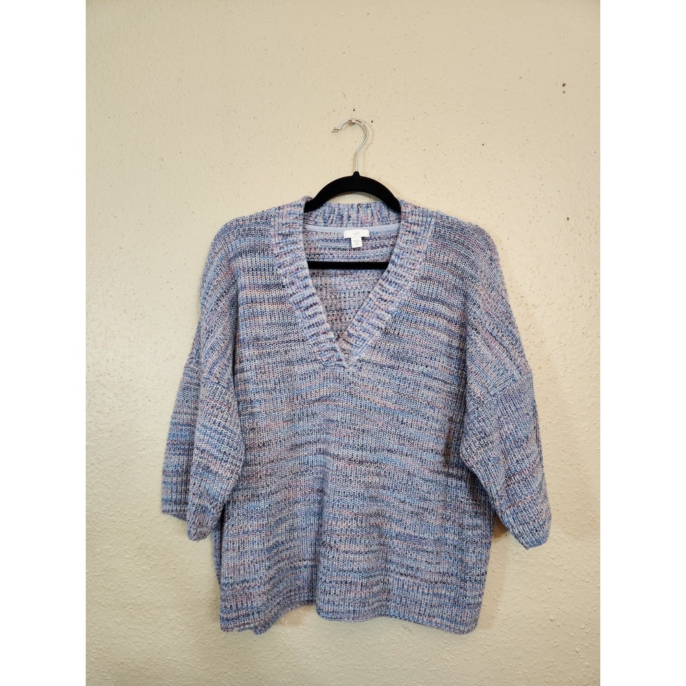 J. Jill Women XL Petite Blue Multi V-Neck Cotton Space Dye Knit Sweater Slit Hem